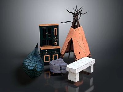 Decorative Interior Scene With Dark Cabinet Teepee Structure Boat Decoration Gray Stool And White Bench 3d model