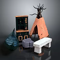 Decorative Interior Scene With Dark Cabinet Teepee Structure Boat Decoration Gray Stool And White Bench