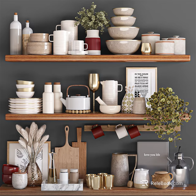 Stylish Kitchenware Display On Wooden Shelves With Bowls Mugs Teapot Plates And Decorative Plant 3d model 