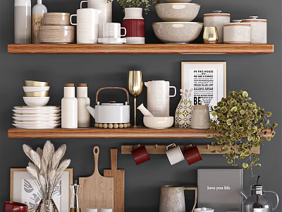 Stylish Kitchenware Display On Wooden Shelves With Bowls Mugs Teapot Plates And Decorative Plant 3d model