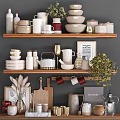 Stylish Kitchenware Display On Wooden Shelves With Bowls Mugs Teapot Plates And Decorative Plant