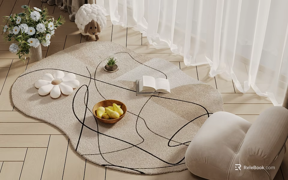 Cozy Living Room With Square Rug And Decor Items 3d model 