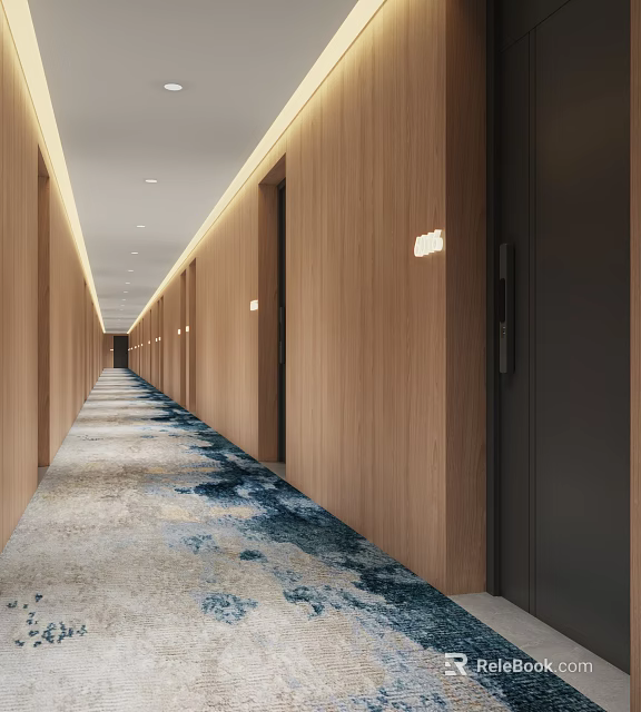 Modern Elevator Corridor With Wooden Walls Patterned Carpet And Lighting 3d model 