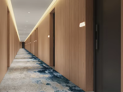 Modern Elevator Corridor With Wooden Walls Patterned Carpet And Lighting 3d model