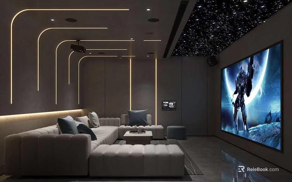 Modern Home Theater Interior With Starry Sky Ceiling Large Screen And Comfortable Sofa 3d model