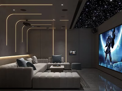 Modern Home Theater Interior With Starry Sky Ceiling Large Screen And Comfortable Sofa 3d model