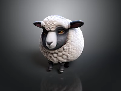 Sheep with white wool black ears legs and yellow eyes 3D model on gray background 3d model
