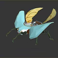 Blue Insect Model With Yellow Transparent Wings And Mechanical Design On Dark Reflective Surface