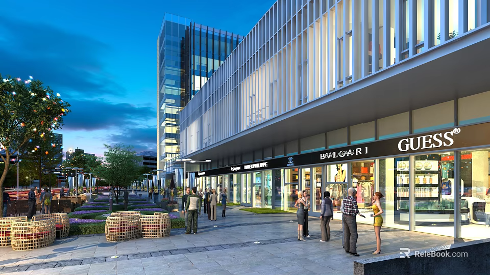 Modern Commercial Street With Modern Buildings Storefronts Pedestrians And Evening Lighting 3d model 