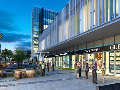 Modern Commercial Street With Modern Buildings Storefronts Pedestrians And Evening Lighting 3d model