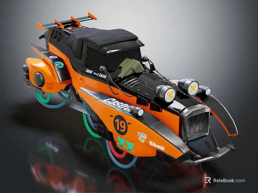 Orange Modified Rocket Car With Number 19 Round Headlights And Colorful Wheels 3d model