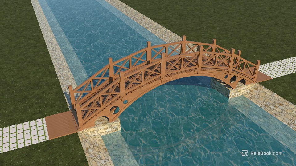 Wooden Arched Landscape Bridge With Water Beneath Grassy Surroundings And Stone Path 3d model 