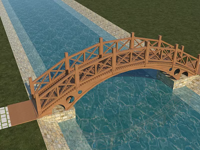 Wooden Arched Landscape Bridge With Water Beneath Grassy Surroundings And Stone Path 3d model