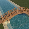 Wooden Arched Landscape Bridge With Water Beneath Grassy Surroundings And Stone Path