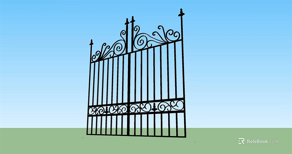 Decorative Iron Gate With Ornate Scrollwork On Top And Ornamental Posts 3d model