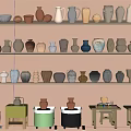 Ceramic Vases And Clay Pots Displayed On Shelves And Small Tables 3d model