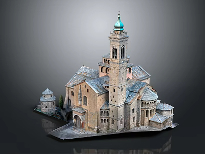 Historic Stone Building With Green Dome Tower And Multiple Architectural Roofs Design 3d model