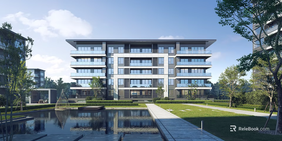 Modern Multistory Residential Building With Balconies Surrounded By Greenery Lawn Water Pond And Pathway 3d model 
