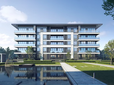 Modern Multistory Residential Building With Balconies Surrounded By Greenery Lawn Water Pond And Pathway 3d model