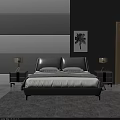 Modern Grey Double Bed with Upholstered Headboard Nightstands Table Lamps and Botanical Wall Art
