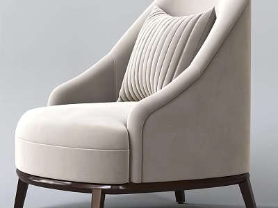 Velvet Upholstered Modern Beige Single Armchair With Striped Cushion And Wooden Legs 3d model
