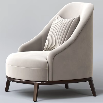 Velvet Upholstered Modern Beige Single Armchair With Striped Cushion And Wooden Legs 3d model