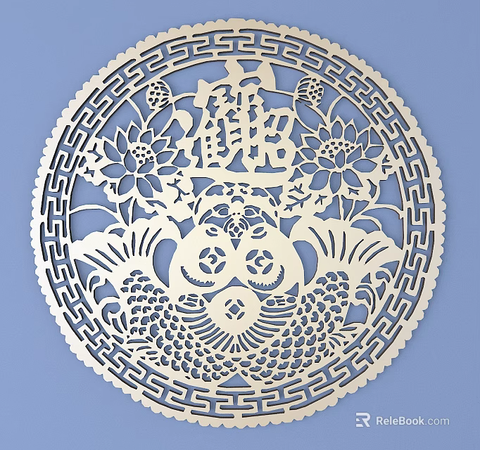 Traditional Circular Hollowed Carving With Chinese Character Fu Lotus Flowers And Fish 3d model 