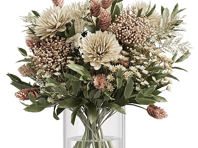 Transparent Glass Vase With Beige Dahlias Brown Spherical Flowers White Small Blooms And Green Leaves 3d model