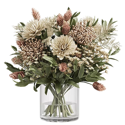 Transparent Glass Vase With Beige Dahlias Brown Spherical Flowers White Small Blooms And Green Leaves 3d model