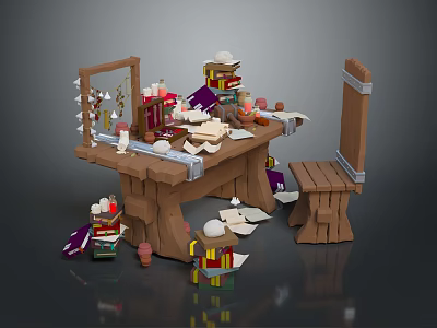 Vintage Wooden Work Table And Chair With Books Papers Candles And Statues 3d model