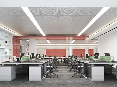 Modern Public Office Space With Desks Computers Office Chairs And Red Accent Wall 3d model