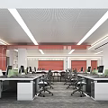 Modern Public Office Space With Desks Computers Office Chairs And Red Accent Wall