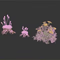 Three Plant Models Featuring Brown Rhizome Organs And Hair Like Branches With Green Flowering Plant