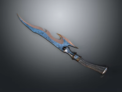 Unique Decorative Weapon With Flame Shaped Blade Blue Orange Handle And Textured Grip 3d model