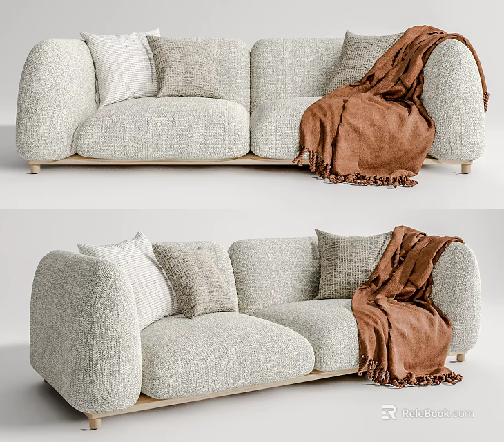 Light Gray Two Seater Sofa With Soft Cushions And Brown Throw Blanket 3d model