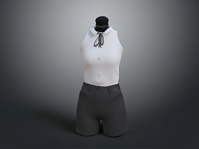 White Sleeveless Top With Black Ribbon Tie And Black Shorts Outfit 3d model