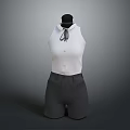 White Sleeveless Top With Black Ribbon Tie And Black Shorts Outfit