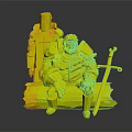 Seated Armored Warrior With Red Brown Beard Standing Cross Knight Near Sword In Gray Background
