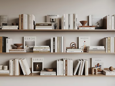 Neatly Arranged Wooden Bookshelf Interior With Books Magazines And Decorative Accents 3d model
