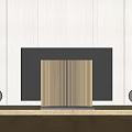 Modern Black Television with Striped Decorative Panel and Speakers on Wooden Floor