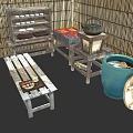 Traditional Japanese Bamboo Pavilion With Red Lanterns Blue Banners Bamboo Walls And Benches