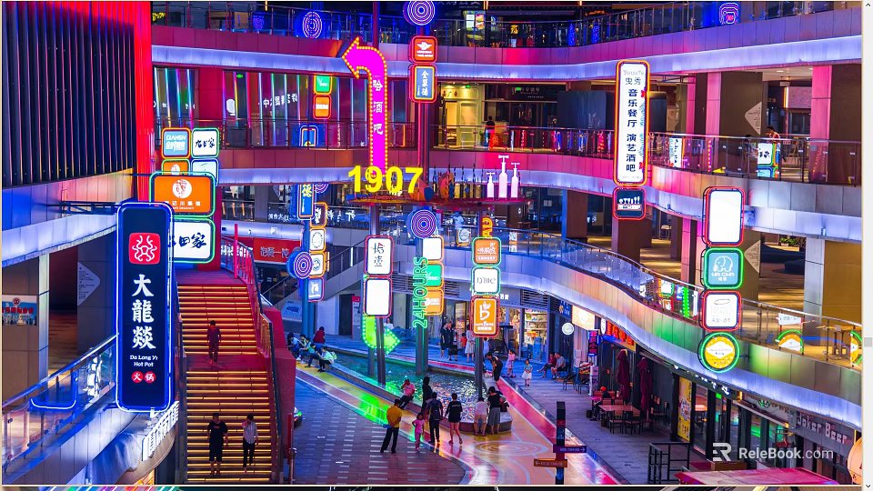 Vibrant Nighttime Commercial Landscape With Neon Signs Multi Level Buildings And Pedestrians 3d model 