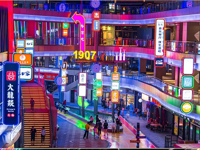 Vibrant Nighttime Commercial Landscape With Neon Signs Multi Level Buildings And Pedestrians 3d model