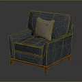 Vintage Distressed Blue Armchair With Gray Pillow And Solid Wooden Legs