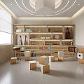 Bright Kindergarten Classroom Featuring Wooden Shelves Violin Toys Books and Small Stools