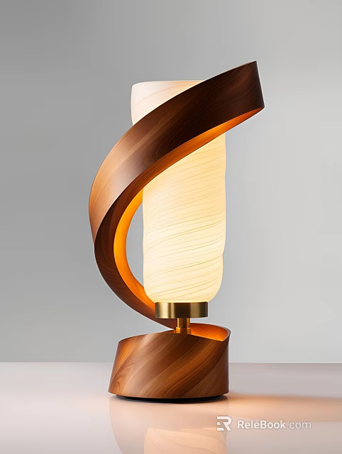 Elegant Modern Wooden Spiral Table Lamp With Textured White Lampshade And Metal Base 3d model 