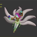 Mythical Game and Movie Character With Nine White Tails Red Gold Outfit Long Black Hair And Blue Orb