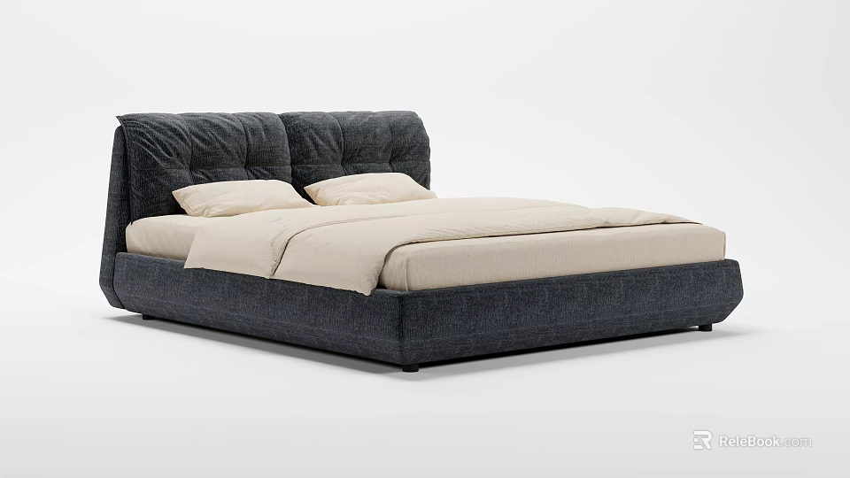 Modern Double Bed With Dark Upholstered Headboard And Light Beige Bedding 3d model 