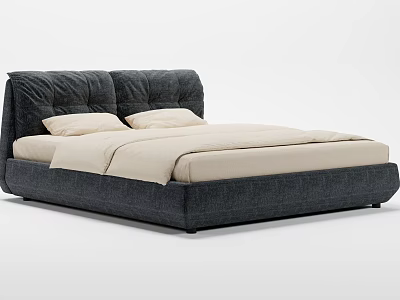 Modern Double Bed With Dark Upholstered Headboard And Light Beige Bedding 3d model