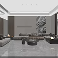 Modern Light Luxury Living And Dining Room With Marble Floor And Comfortable Large Sofa Sets
